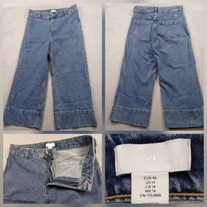 H&M Wide High Ankle Jeans Womens 14 Blue Denim Cropped Wide Leg High Waist EUC